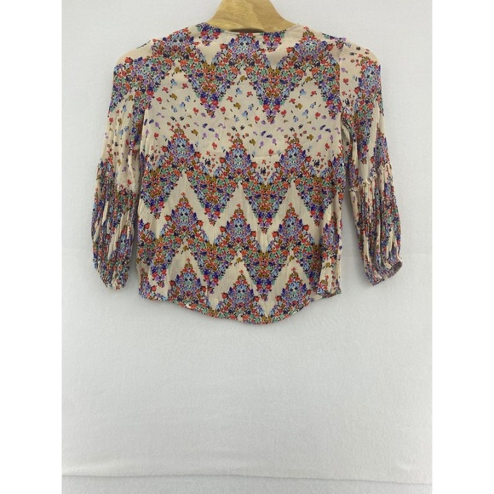 Democracy Floral Blouse Lace Up V Neck 3/4 Sleeve Multicolor Top Size L - Picture 5 of 9